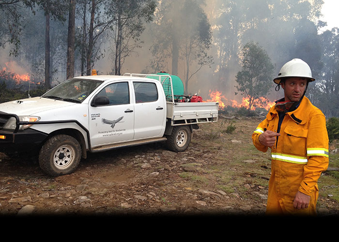 Tim Devereux waiting for Tasmania Fire Service to arrive at Pine Tier