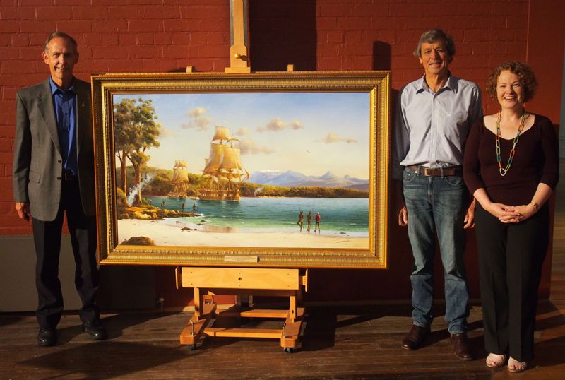 Dr Bob Brown (left) with artist Ian Hansen and TMAG's Jennifer Storer